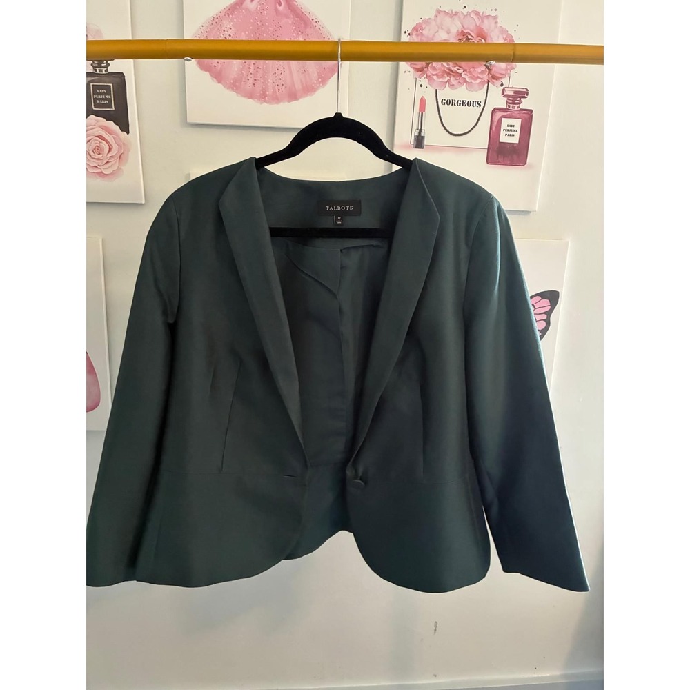 Talbots Womens Silk Cotton Blend Blazer Forest Green Collarless Jacket Size 12